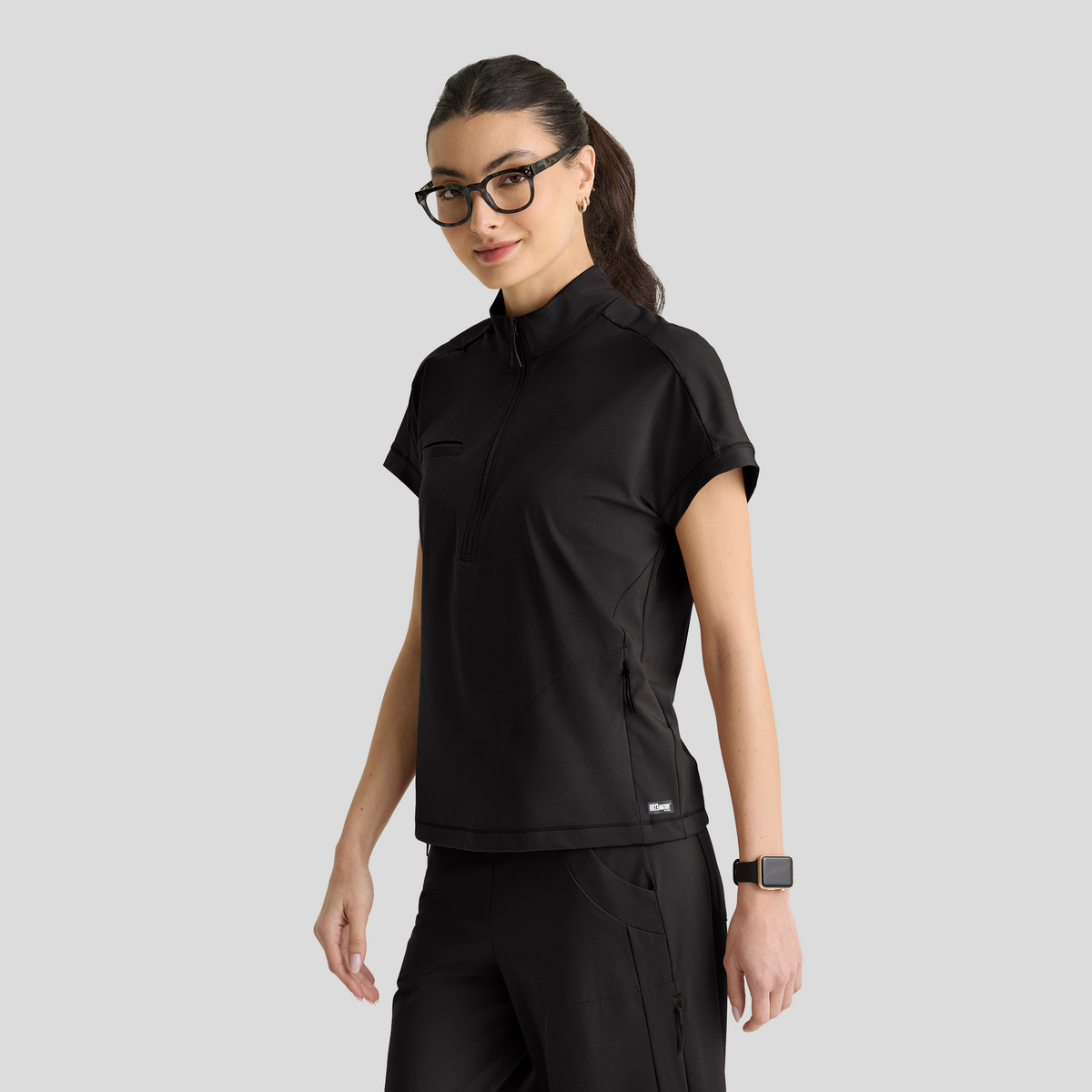 Crystal 3-Pocket Mock Neck Zip-Placket Top | Black