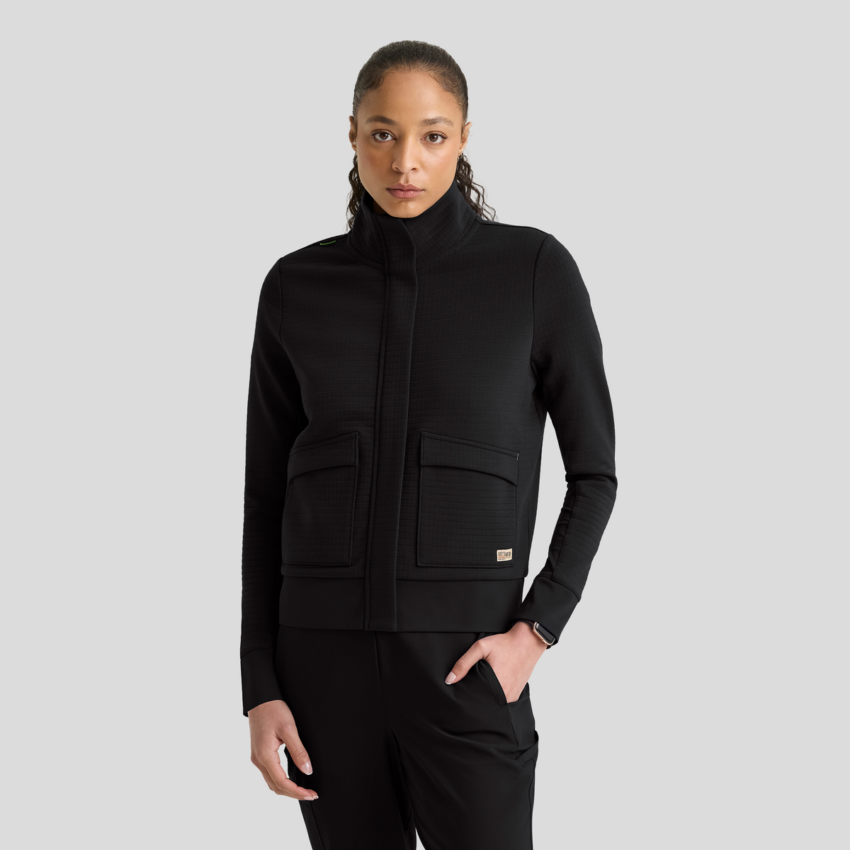 Regina 3 Pocket Mock V-Neck Zip Front Jacket | Black