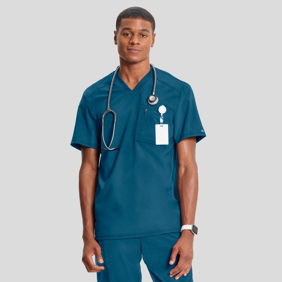 Men's V-Neck Knit Panel Solid Scrub Top | Caribbean