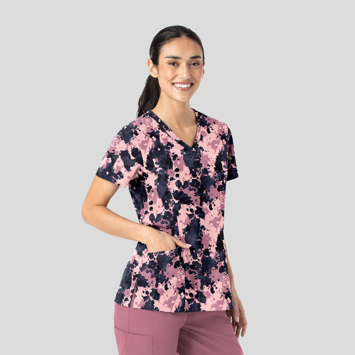 Curved V-Neck Print Top | Inked Bloom